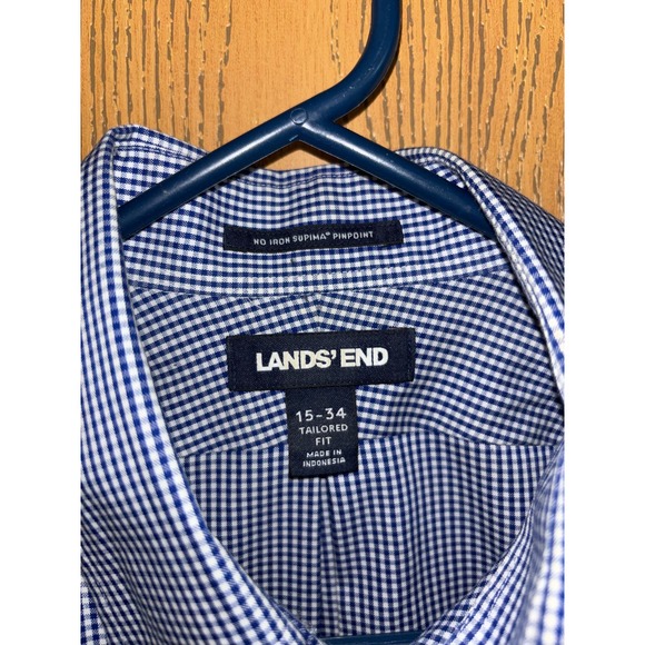 Lands’ End men’s 100% supima cotton button-front blue gingham shirt (15 - 34) - Picture 2 of 4
